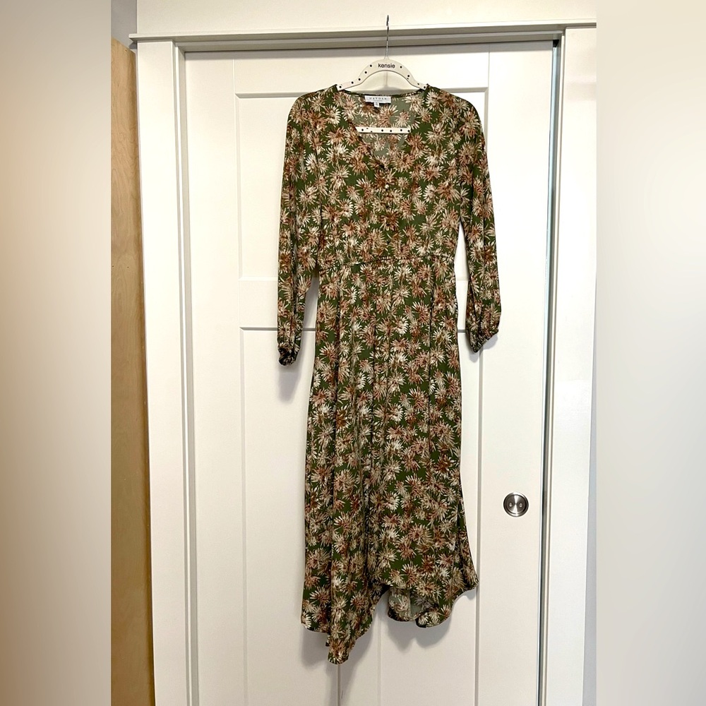 Hayden Green, White & Tan Long Sleeve Dress